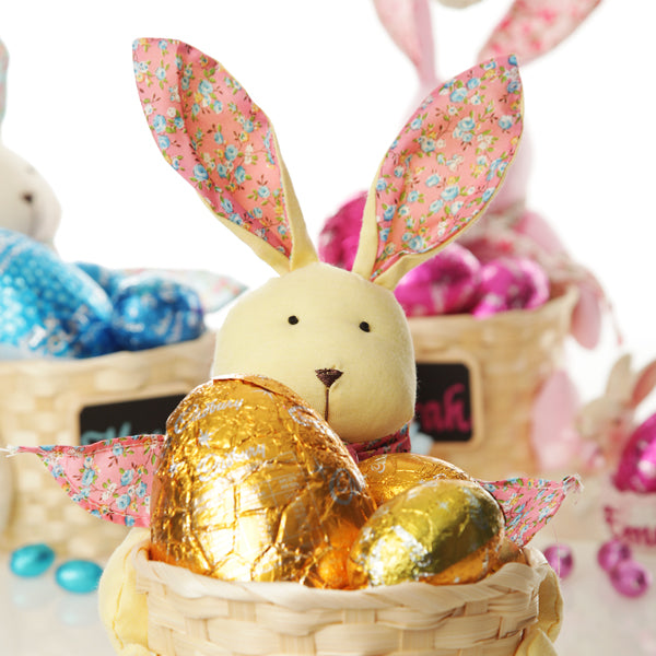 Personalised Woven Easter Basket with Yellow Calico Bunny (chocolate and other featured products not included)