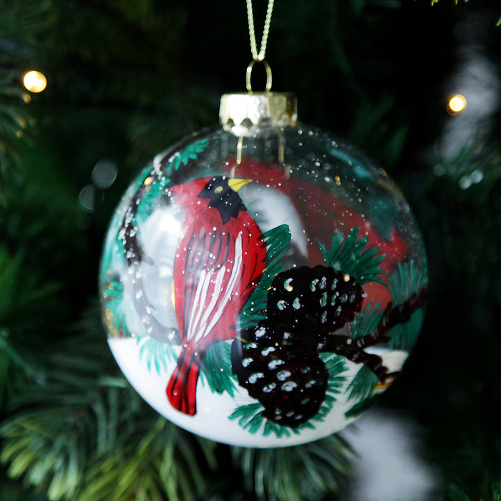 Personalised Inside Painted Cardinal Bird Christmas Bauble Black Backround Detail