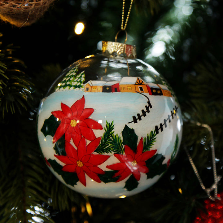 Personalised Inside Painted Santa with Stocking Christmas Bauble Black Backround Detail