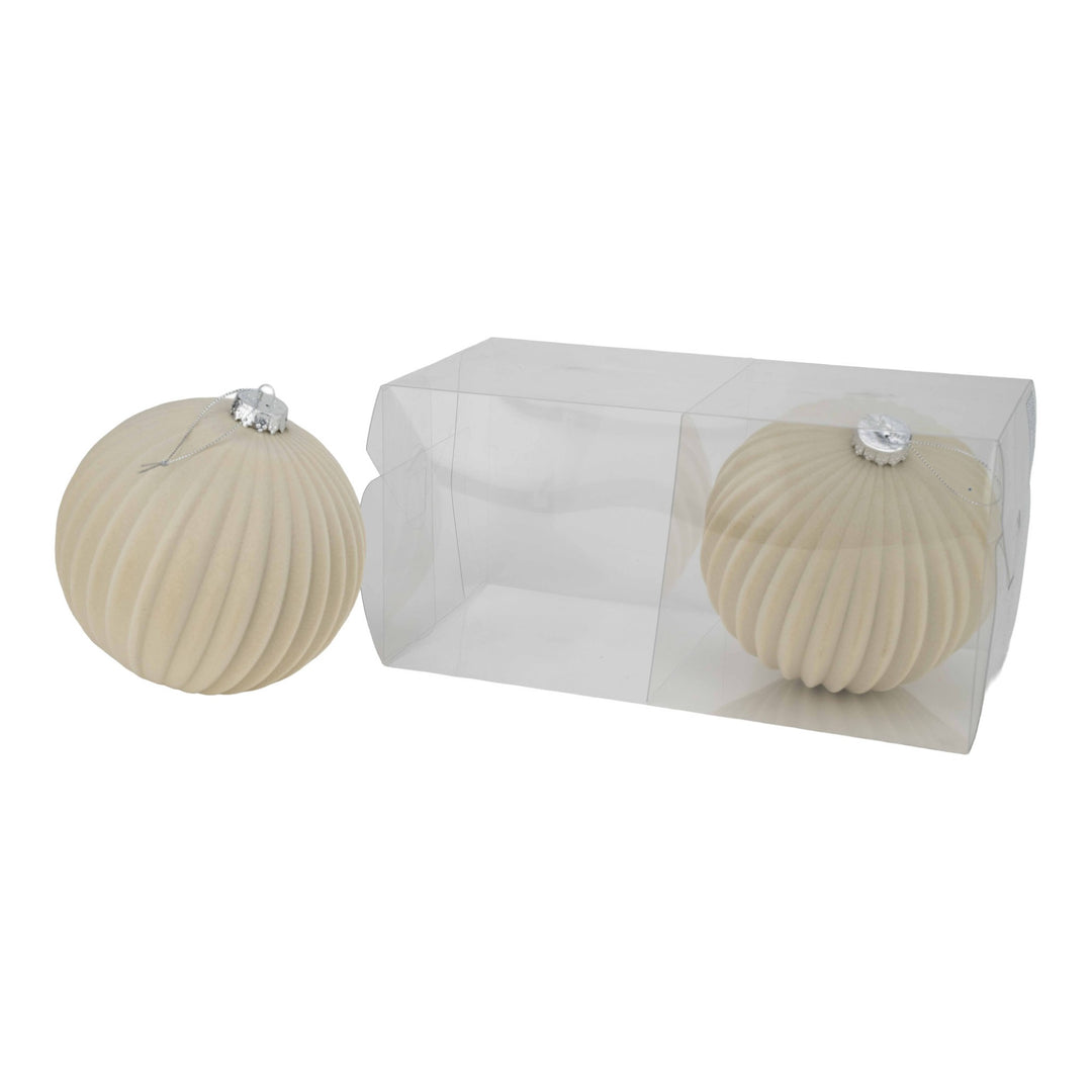 Ivory Flocked Stripe 15cm Bauble - Set of 2