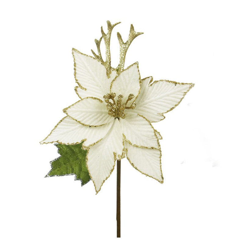 Ivory Glitter Edge Poinsettia Flower with Leaf 28cm (L)