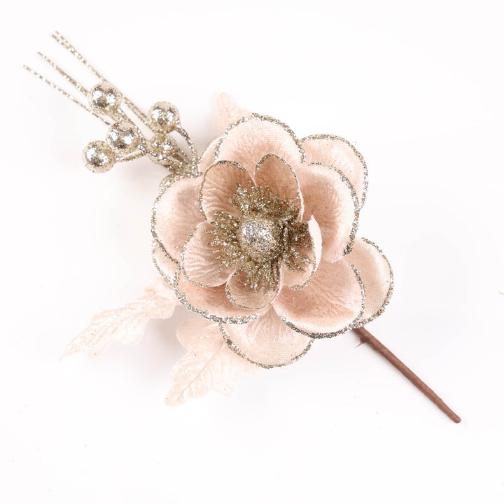 Ivory Magnolia Flower with Silver Glitter Detail Stem