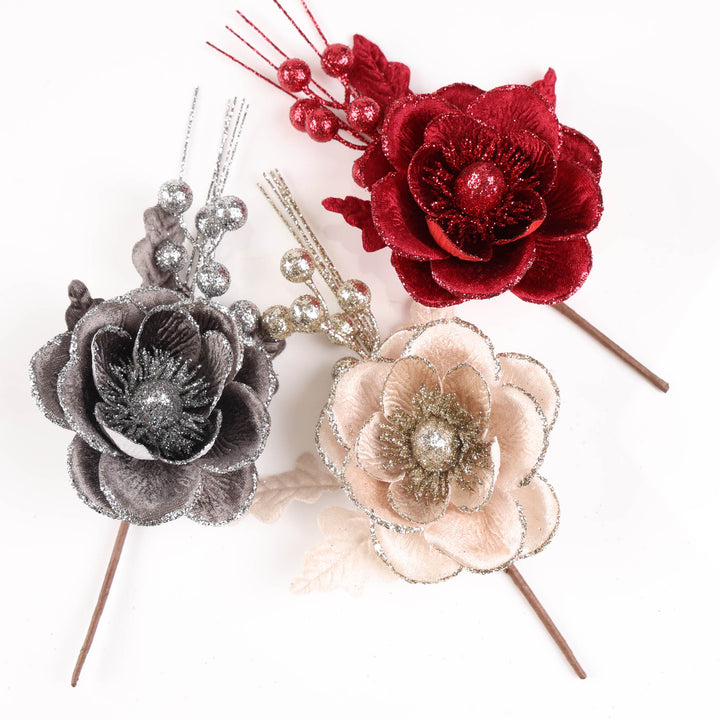 Ivory Magnolia Flower with Silver Glitter Detail Stem