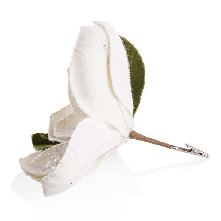 Ivory Glitter Magnolia Flower Clip with Green Leaves