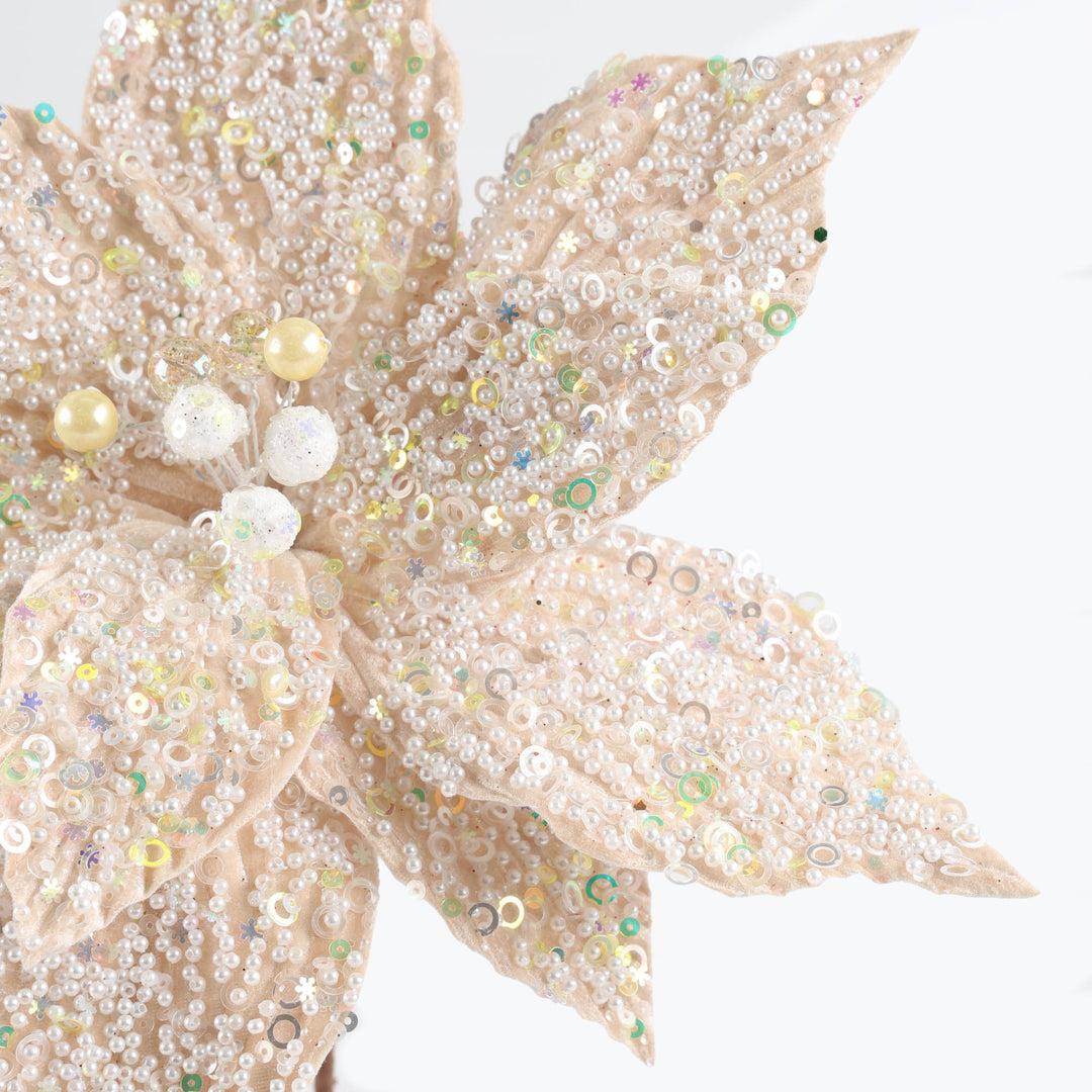 Ivory Velvet with Pearl Detail Poinsettia Stem