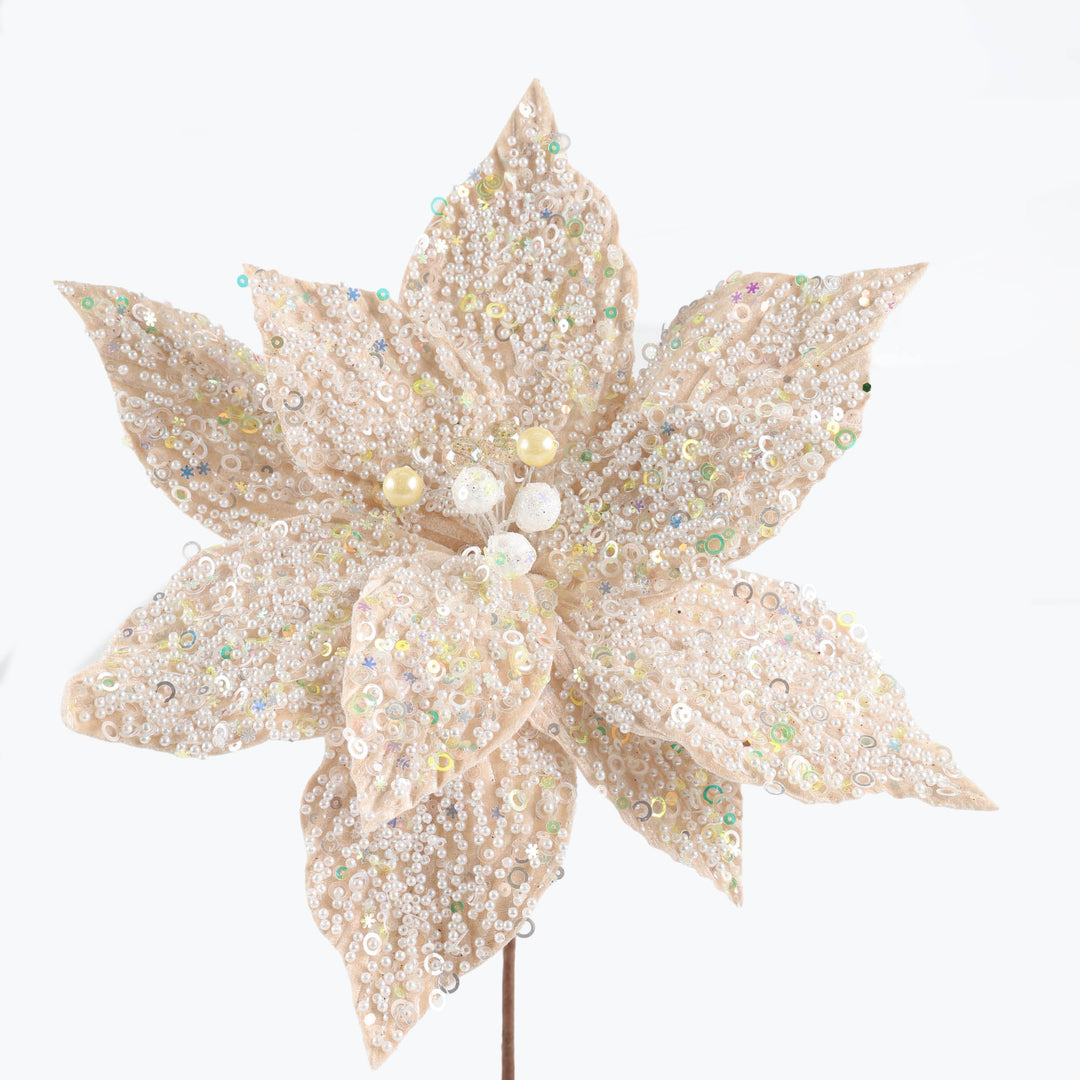 Ivory Velvet with Pearl Detail Poinsettia Stem