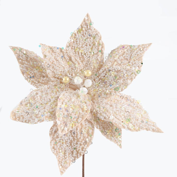 Ivory Velvet with Pearl Detail Poinsettia Stem