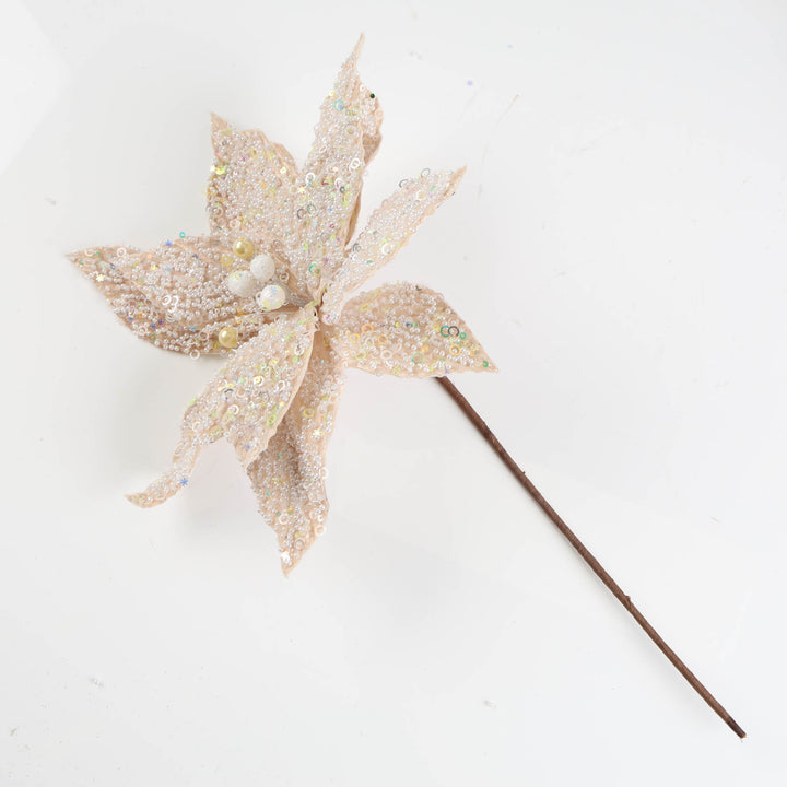 Ivory Velvet with Pearl Detail Poinsettia Stem