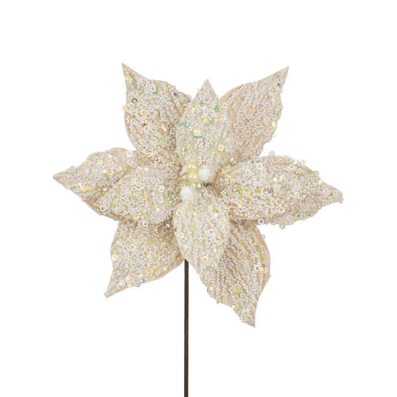 Ivory Velvet with Pearl Detail Poinsettia Stem