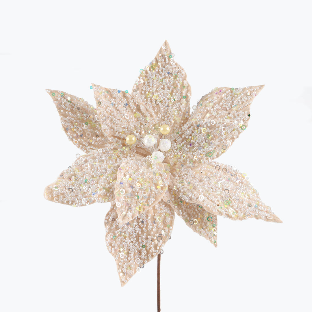 Ivory Velvet with Pearl Detail Poinsettia Stem