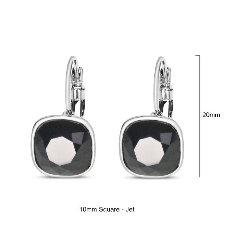 Jet Swarovski Square Stone in Rhodium - French Clip Earrings