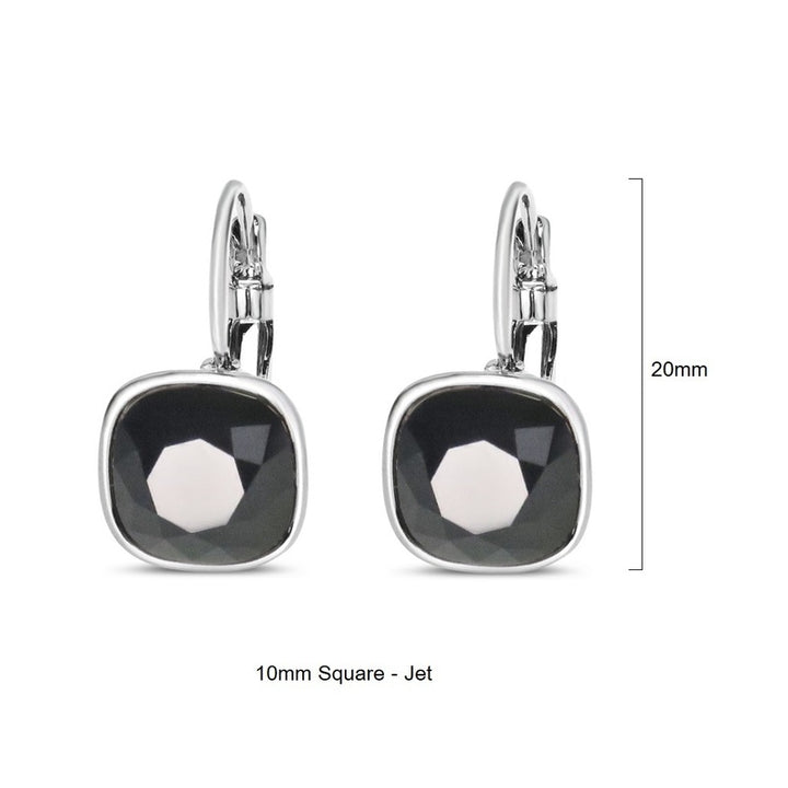 Jet Swarovski Square Stone in Rhodium - French Clip Earrings