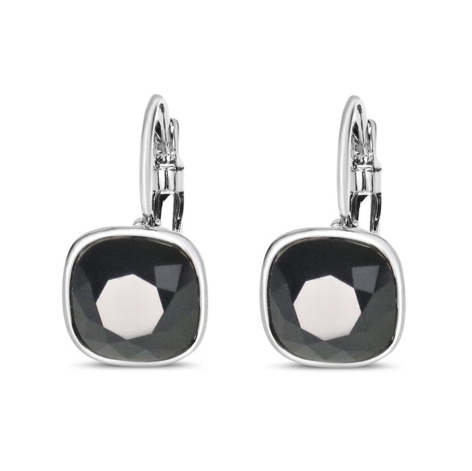 Jet Swarovski Square Stone in Rhodium - French Clip Earrings