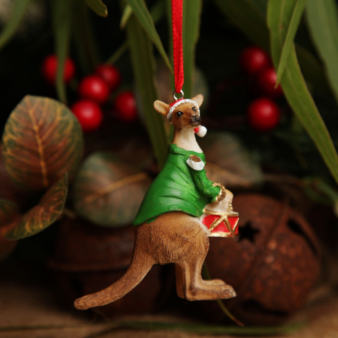 Kangaroo Australiana Christmas Tree Decoration - Green Jacket Zoom in detail