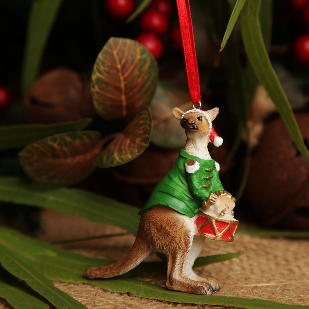 Kangaroo Australiana Christmas Tree Decoration - Green Jacket With backround 2