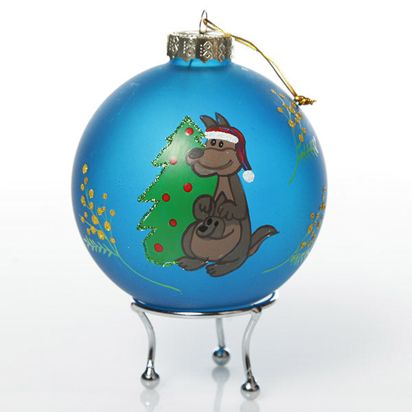 Frosted blue Kangaroo and Wattle Christmas Bauble