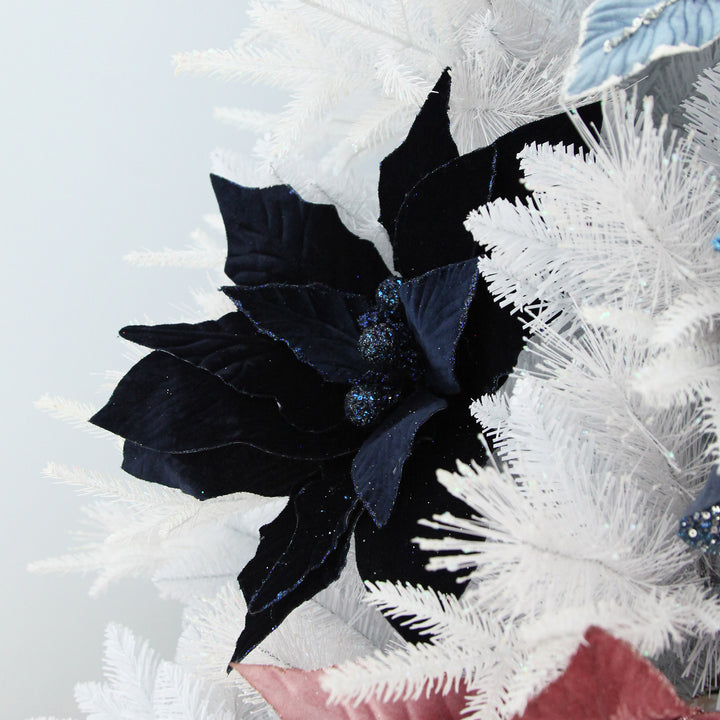Large Blue Poinsettia Flower Stem with Glitter Trim
