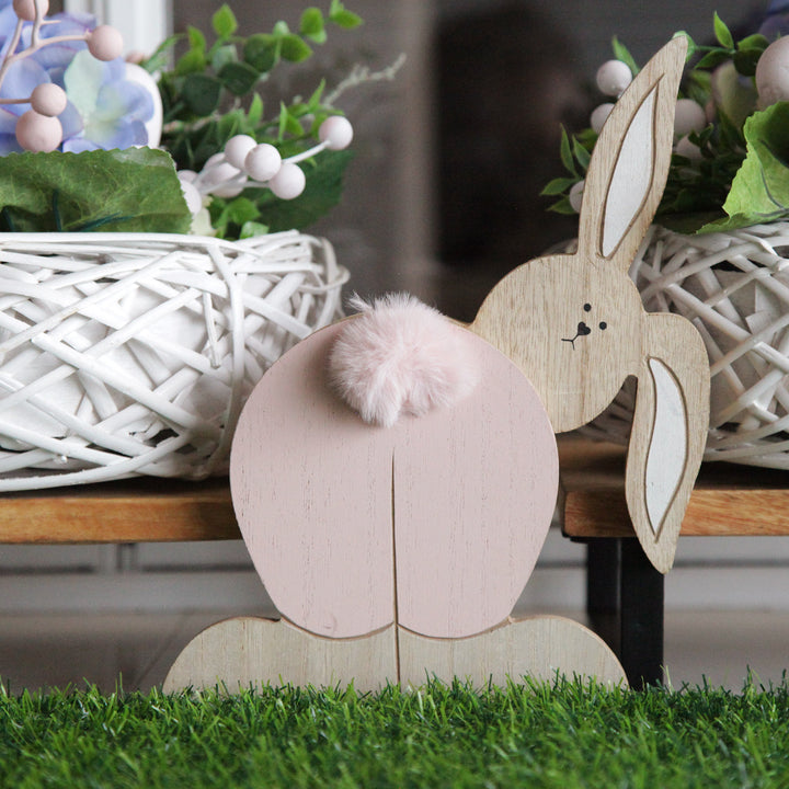 Large Natural and Pink Wooden Bunny Bum Ornament