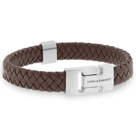 Steel and Barnett - Harrison - Brown Leather Box Braided Bracelet 10mm - Silver Clasp - Large