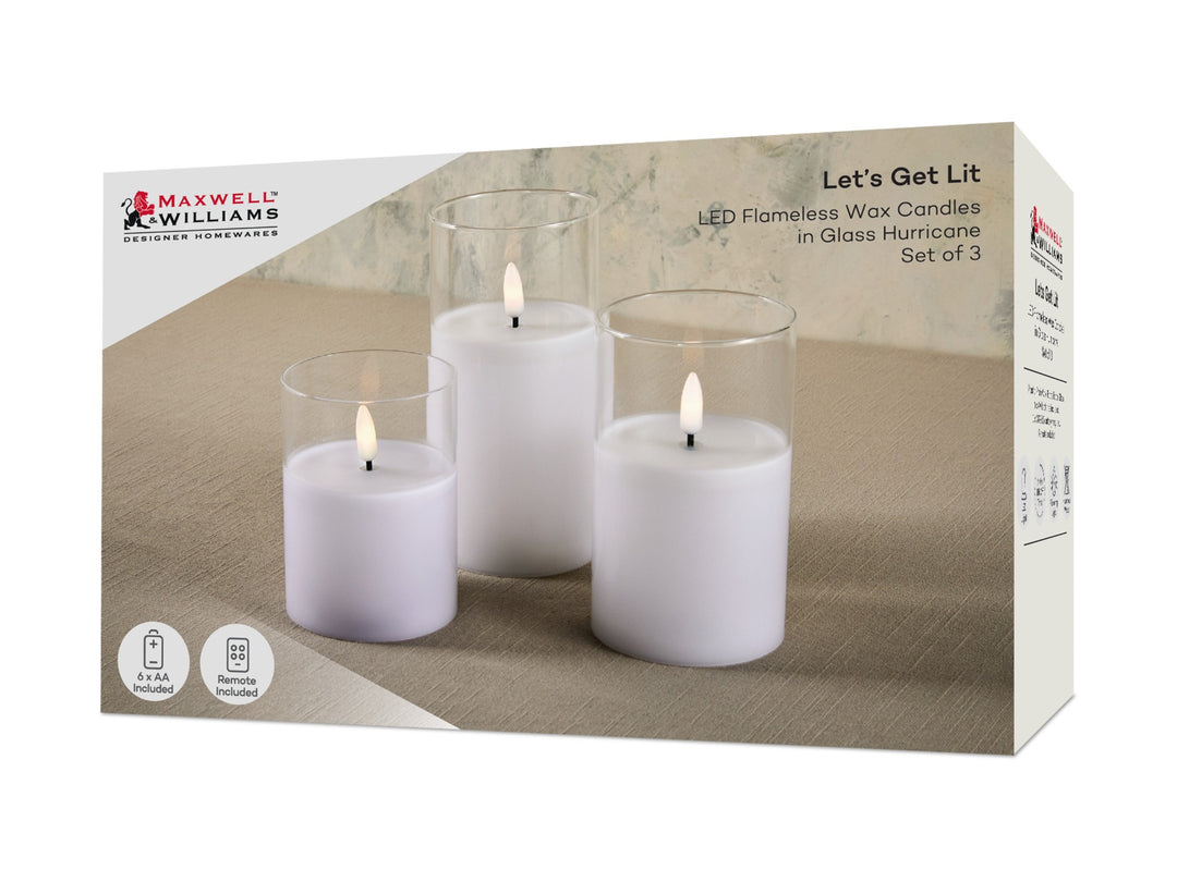 Maxwell &amp; Williams Lets Get Lit LED Flameless Candle Clear Glass Hurricane - Set of 3