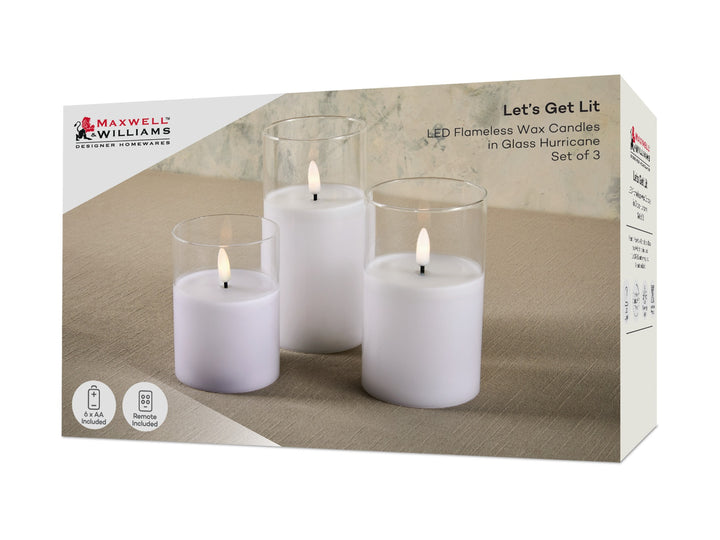 Maxwell &amp; Williams Lets Get Lit LED Flameless Candle Clear Glass Hurricane - Set of 3