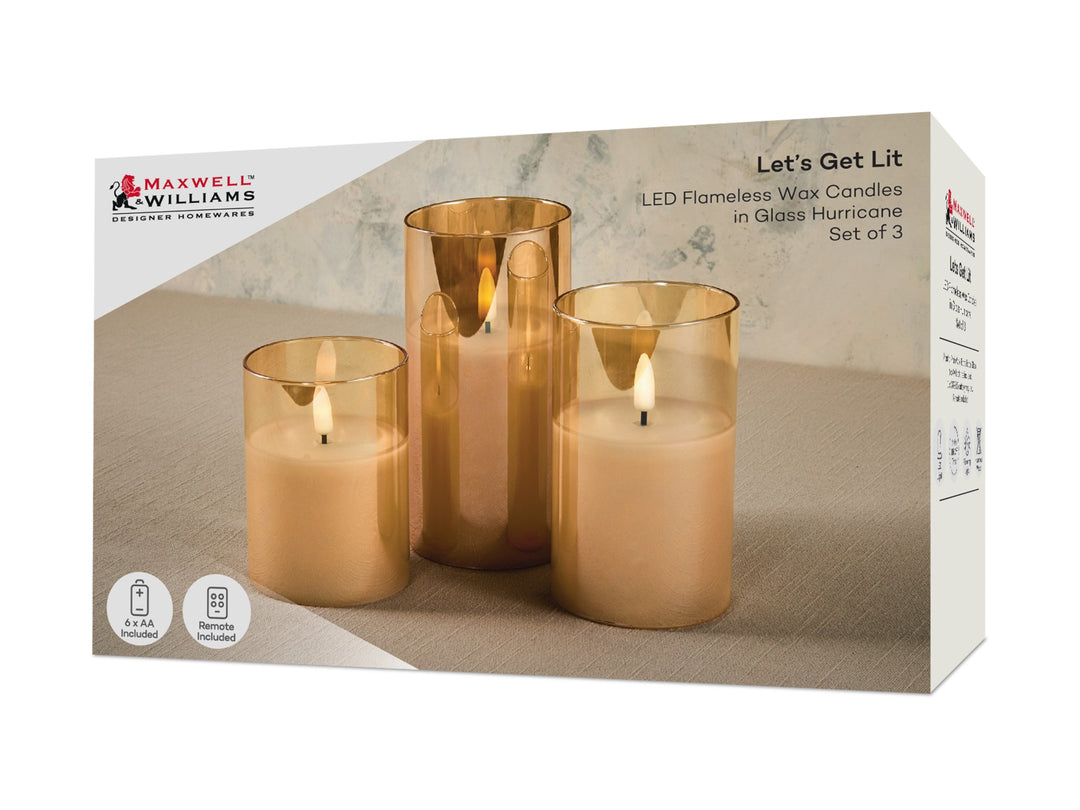 Maxwell &amp; Williams Lets Get Lit LED Flameless Candle Gold Glass Hurricane - Set of 3