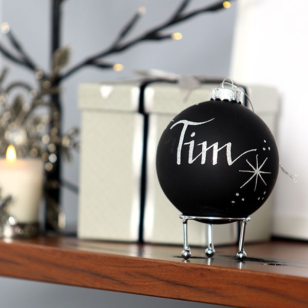 NZ Silver Fern Black Glass Personalised Christmas Bauble