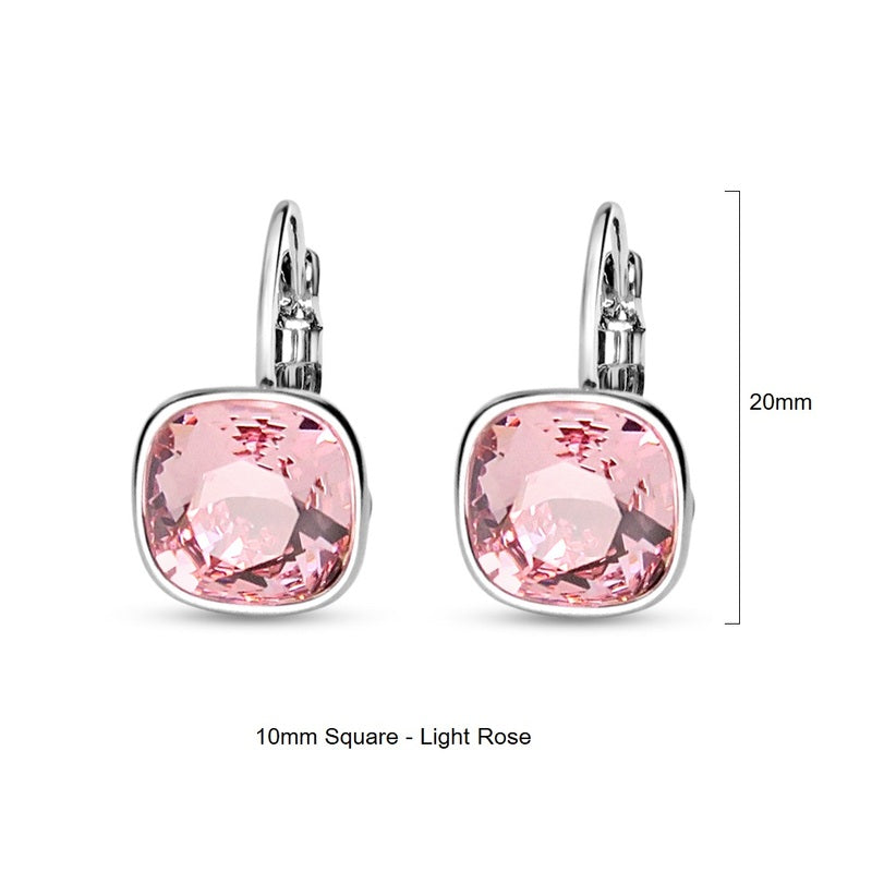 Light Rose Swarovski Square Stone in Rhodium - French Clip Earrings