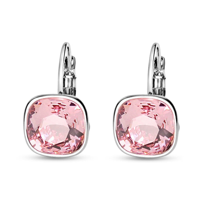 Light Rose Swarovski Square Stone in Rhodium - French Clip Earrings
