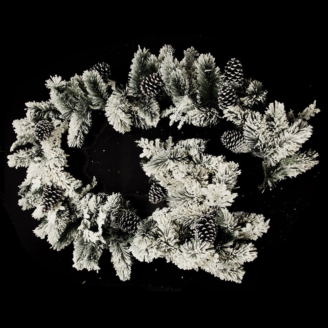 Lush Flocked Green Pine Christmas Garland with Pinecones