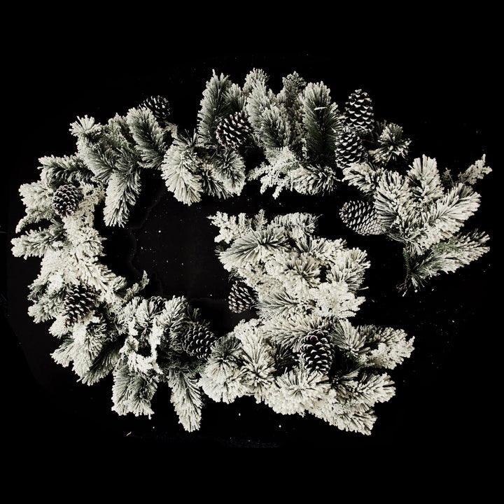 Lush Flocked Green Pine Christmas Garland with Pinecones