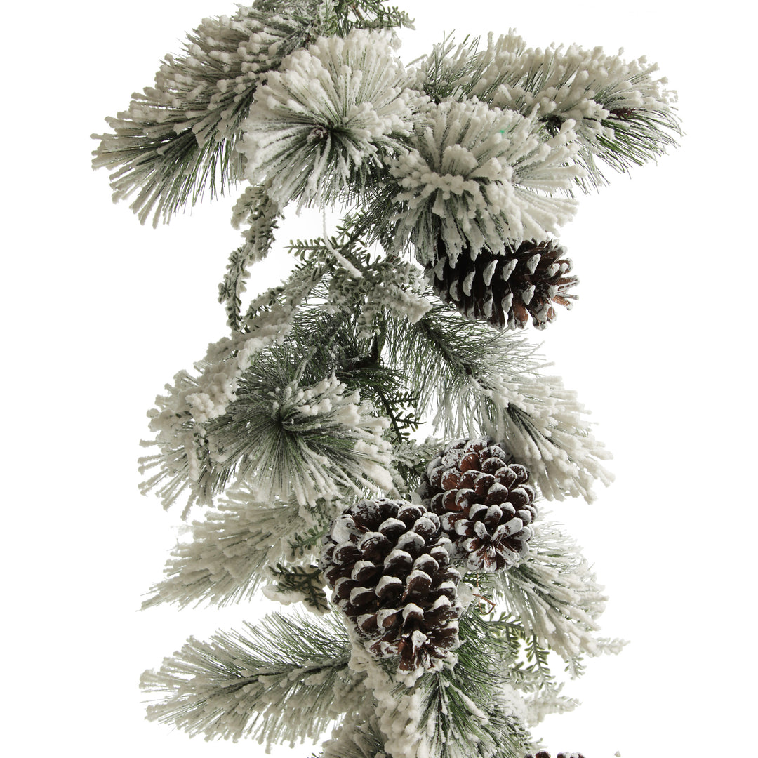 Lush Flocked Green Pine Christmas Garland with Pinecones