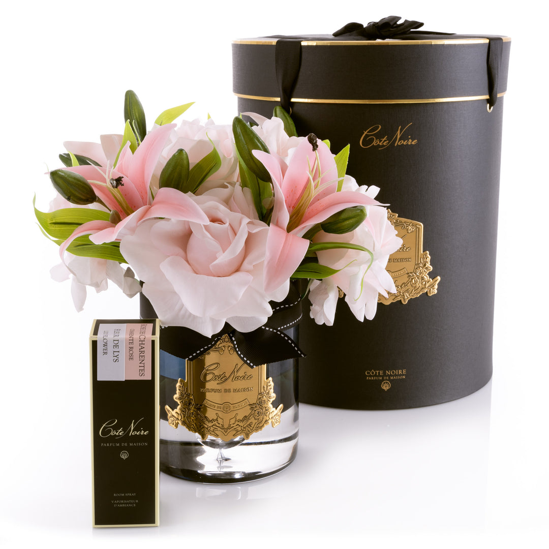 Cote Noire Luxury Lilies &amp; Roses Bouquet - Dark Glass - Pink - 