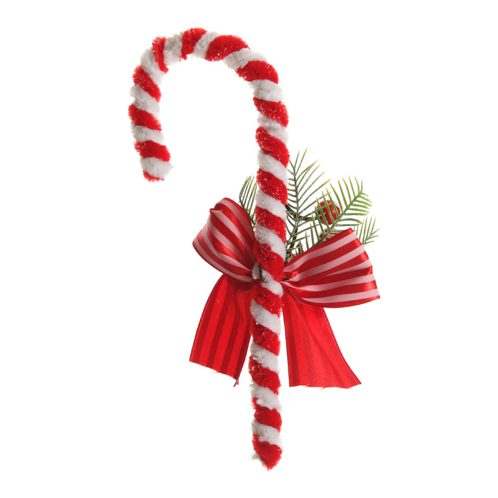 Medium Chenille Stick Christmas Candy Cane with Pine and Berries - Set of 2