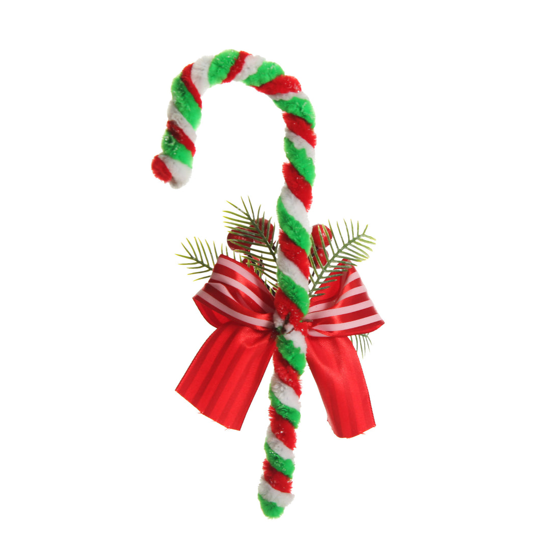 Medium Chenille Stick Christmas Candy Cane with Pine and Berries - Set of 2