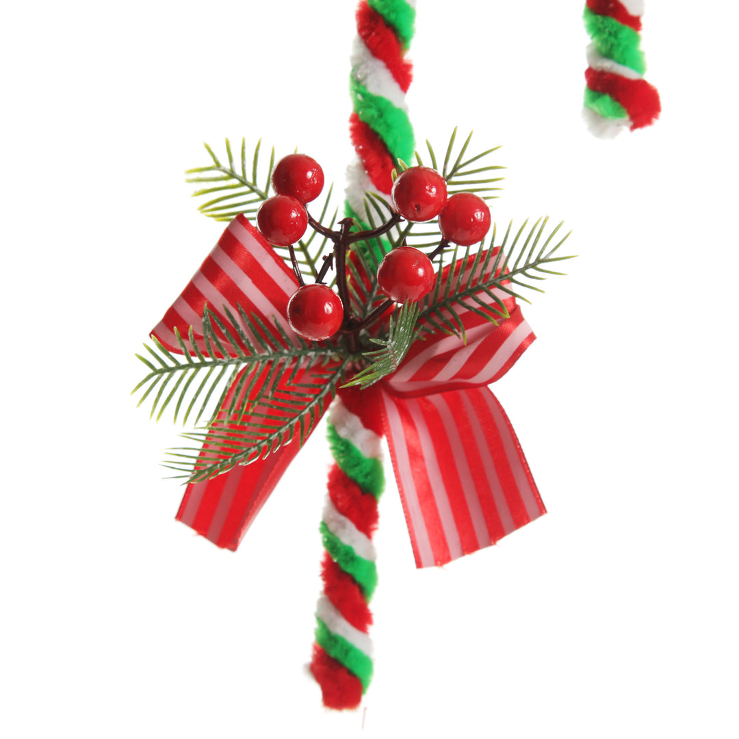 Medium Chenille Stick Christmas Candy Cane with Pine and Berries - Set of 2