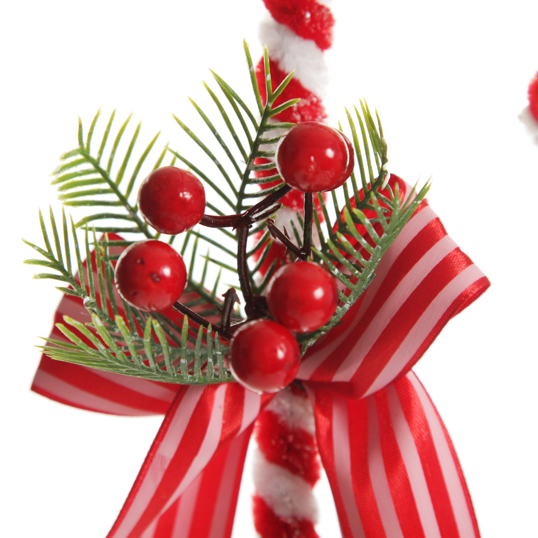 Medium Chenille Stick Christmas Candy Cane with Pine and Berries - Set of 2