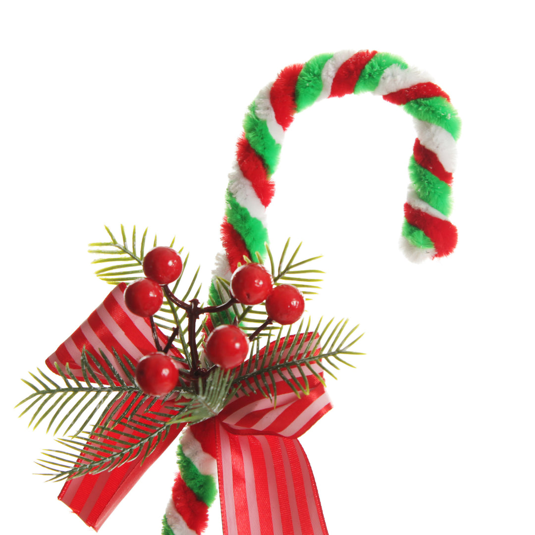Medium Chenille Stick Christmas Candy Cane with Pine and Berries - Set of 2