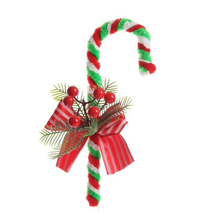 Medium Chenille Stick Christmas Candy Cane with Pine and Berries - Set of 2