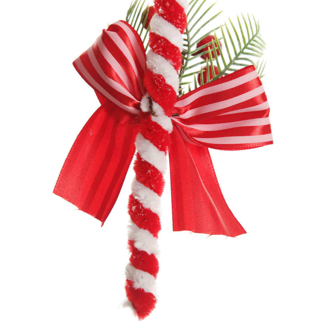 Medium Chenille Stick Christmas Candy Cane with Pine and Berries - Set of 2