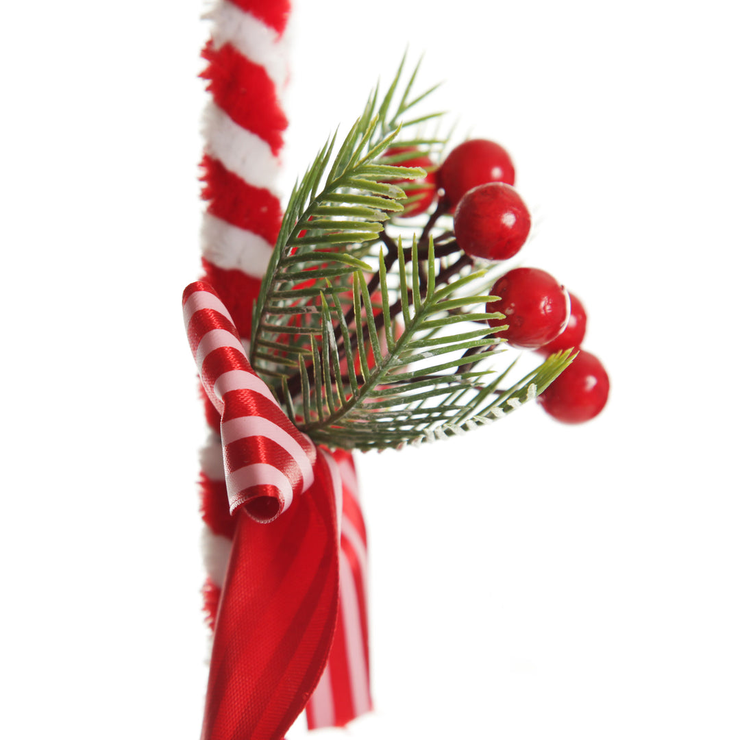 Medium Chenille Stick Christmas Candy Cane with Pine and Berries - Set of 2