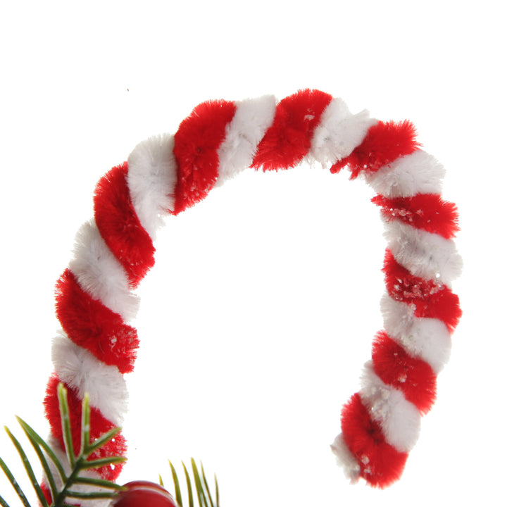Medium Chenille Stick Christmas Candy Cane with Pine and Berries - Set of 2