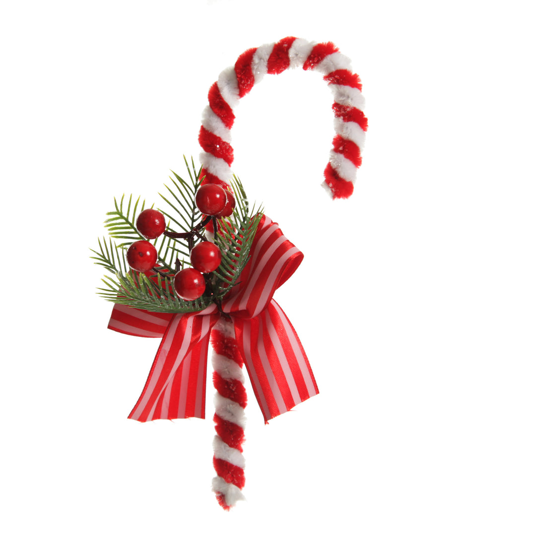 Medium Chenille Stick Christmas Candy Cane with Pine and Berries - Set of 2