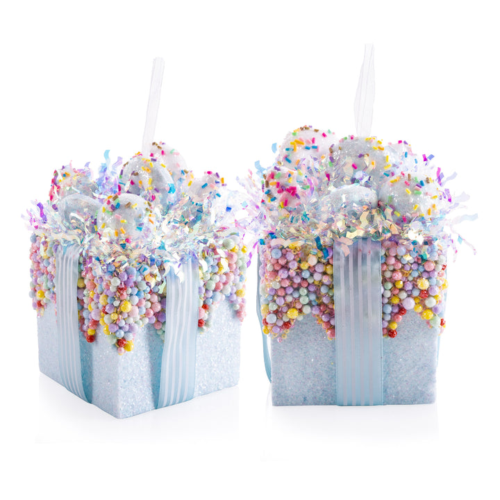 Medium Pastel Blue Sprinkle Present Christmas Tree Decoration - Set of 2