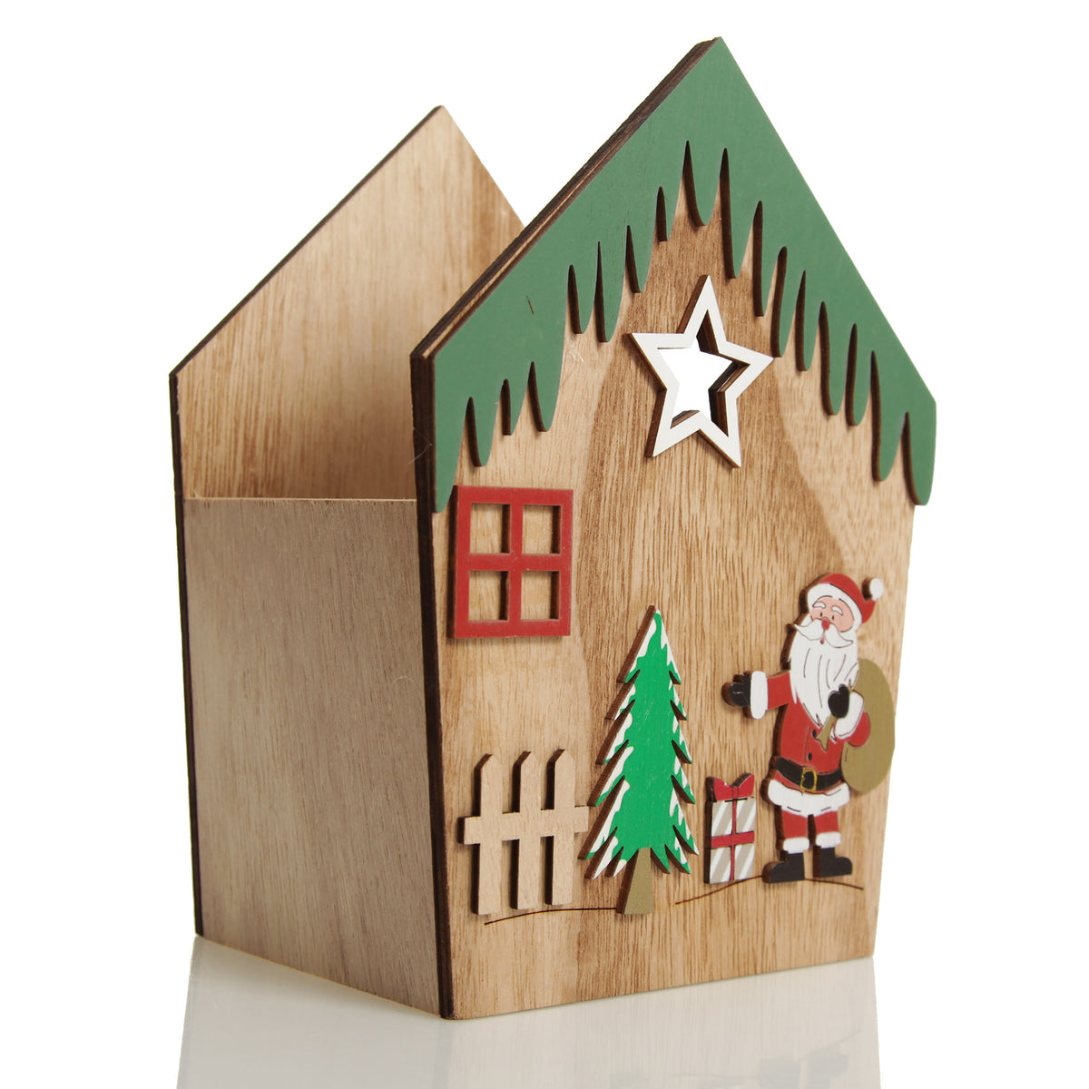 Medium Plywood Winter Christmas Decorated House Open Box