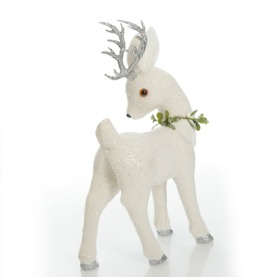 Medium White Sisal Standing Deer with Silver Glitter Antlers