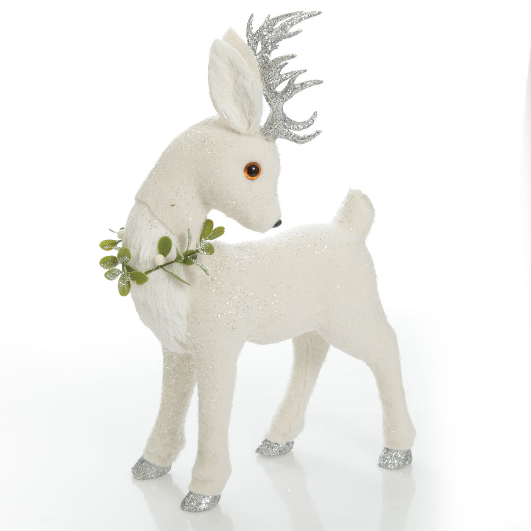 Medium White Sisal Standing Deer with Silver Glitter Antlers