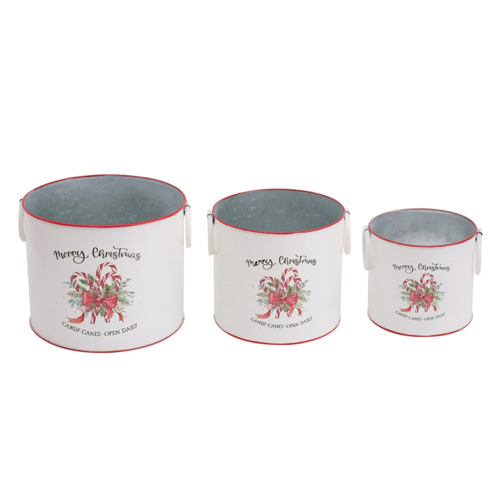 Merry Christmas Candy Cane Metal Buckets - Set of 3