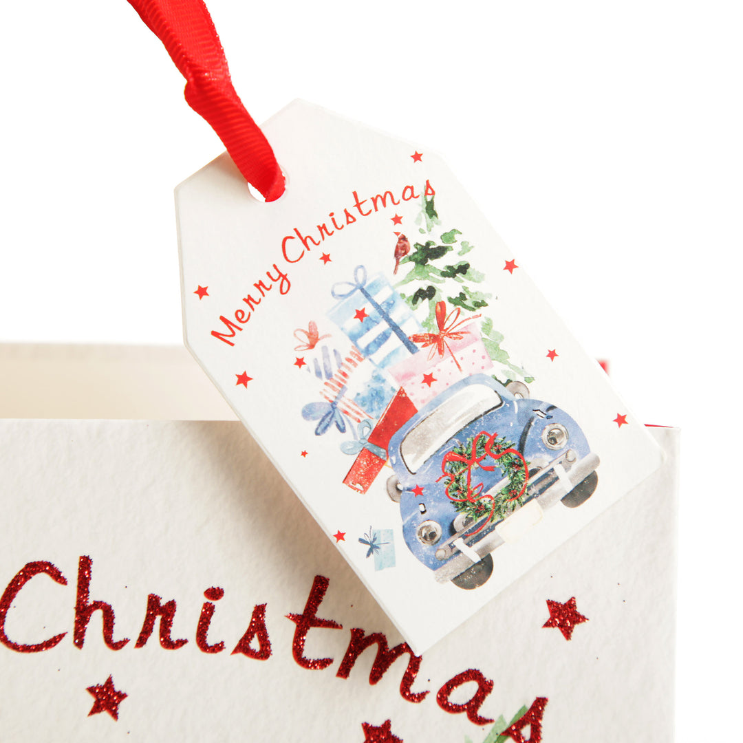 Merry Christmas Gift Bag - Blue Car with Presents - Tag Detail