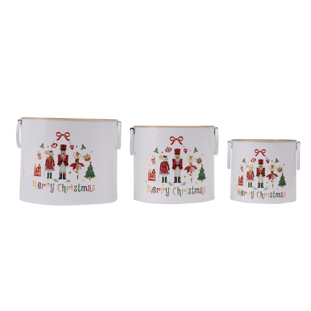 Merry Christmas Nutcracker Metal Buckets - Set of 3